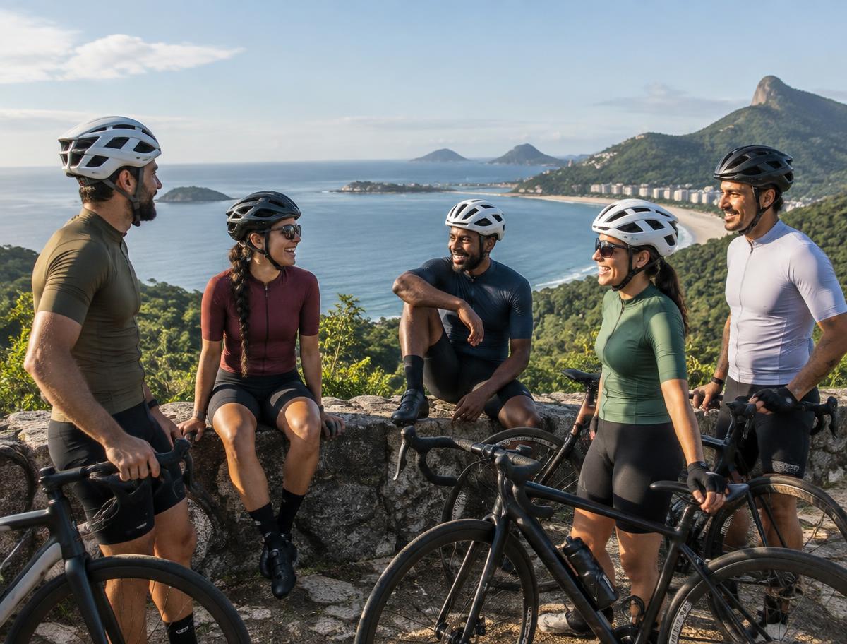 Ciclistas reunidos após um pedal, com bicicletas e litoral ao fundo